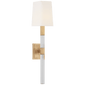 Reagan Medium Tail Sconce in Antique-Burnished Brass and Crystal with Linen Shade