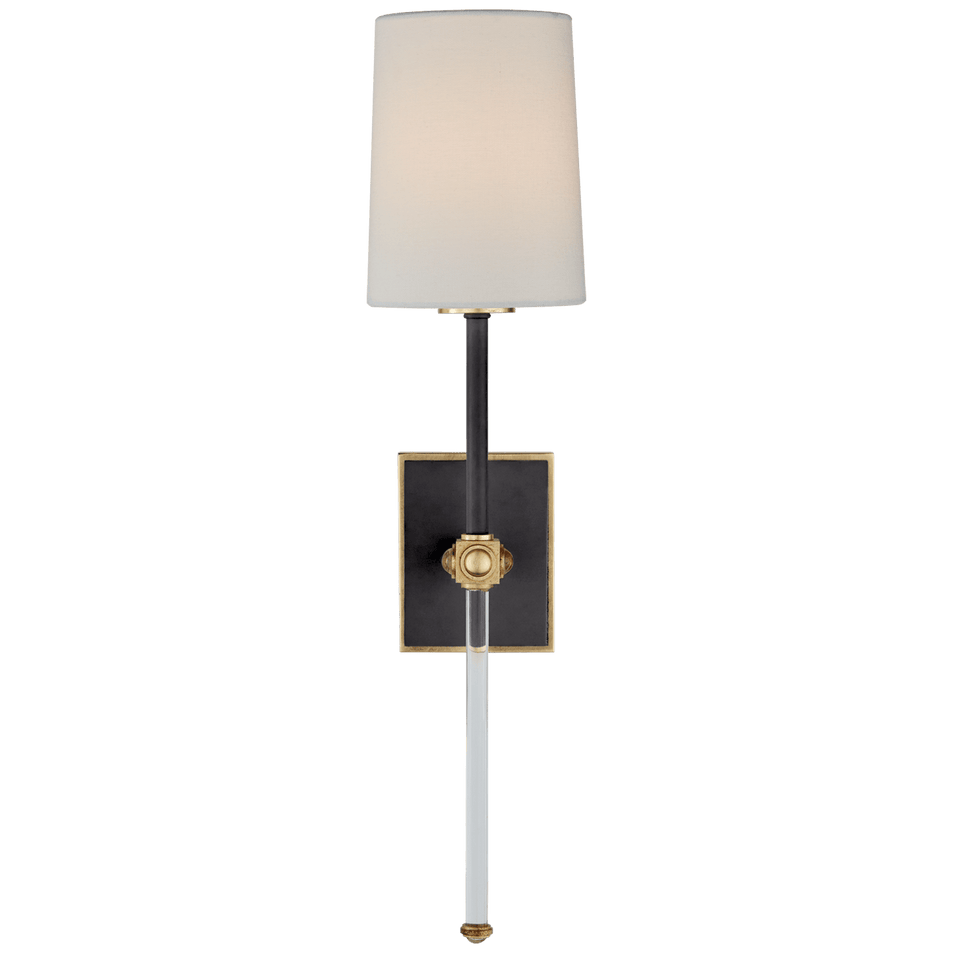Lucia Medium Tail Sconce in Matte Black and Crystal with Linen Shade