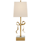 Ellery Gros-Grain Bow Table Lamp in Soft Brass and Mirror with Cream Linen Shade