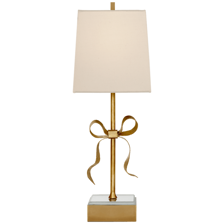 Ellery Gros-Grain Bow Table Lamp in Soft Brass and Mirror with Cream Linen Shade