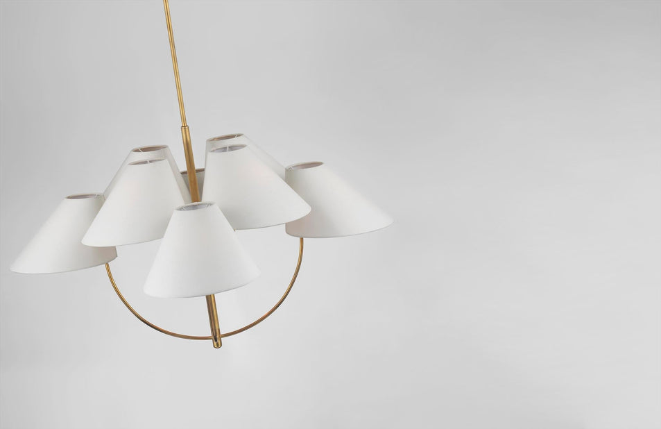 Kinsley Large Two-Tier Chandelier in Soft Brass with Linen Shades