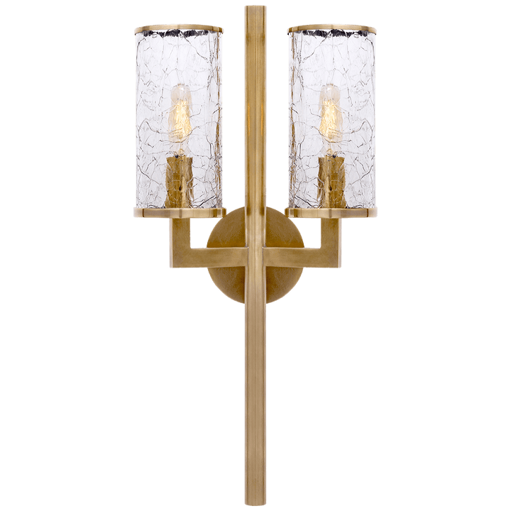 Liaison Double Sconce in Antique-Burnished Brass with Crackle Glass