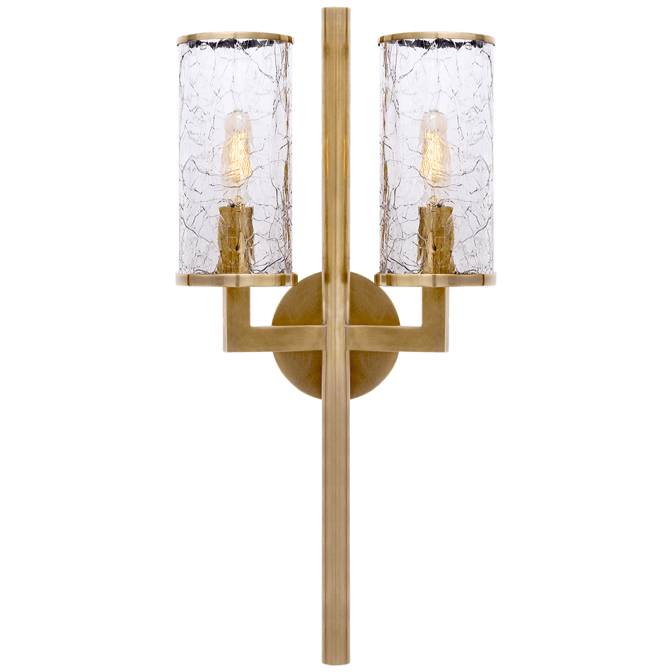 Liaison Double Sconce in Antique-Burnished Brass with Crackle Glass