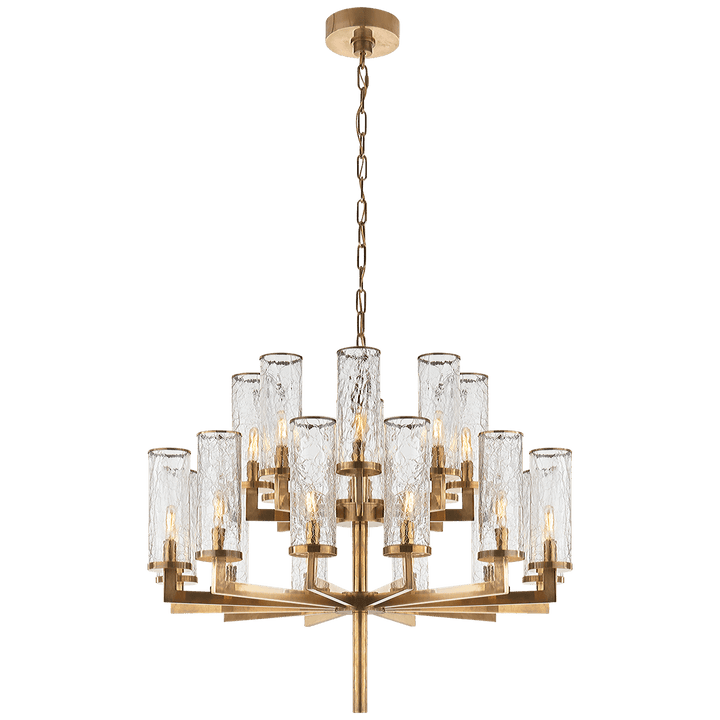 Liaison Double Tier Chandelier in Antique-Burnished Brass with Crackle Glass