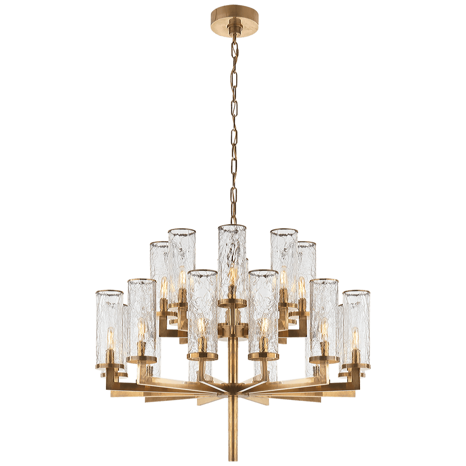 Liaison Double Tier Chandelier in Antique-Burnished Brass with Crackle Glass