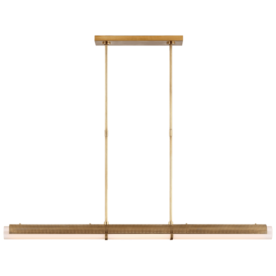 Precision Large Linear Chandelier in Antique-Burnished Brass with White Glass