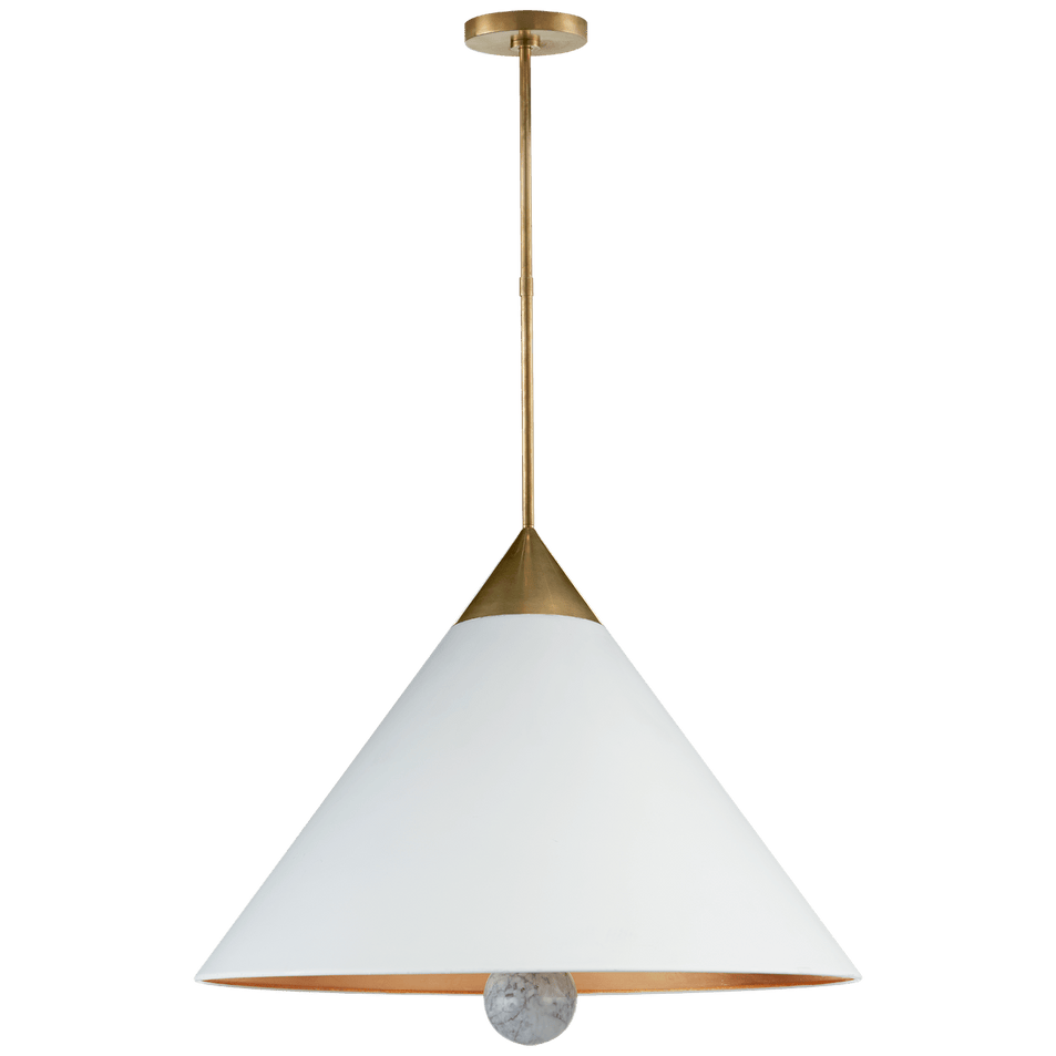 Cleo Large Pendant in Antique-Burnished Brass and White Marble with White Shade with Gild Interior