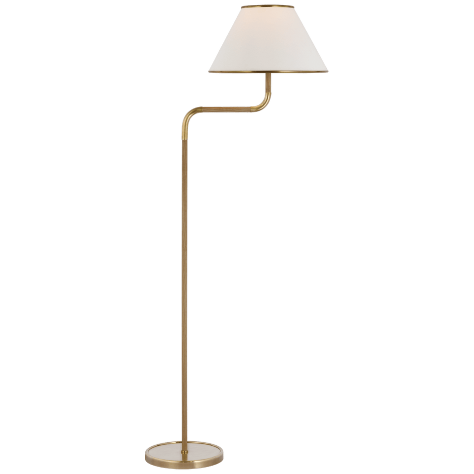 Rigby Medium Bridge Arm Floor Lamp in Soft Brass and Natural Oak with Linen Shade