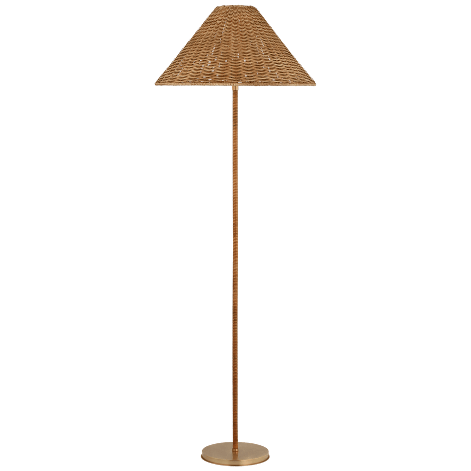 Wimberley Medium Wrapped Floor Lamp in Soft Brass with Natural Wicker Shade