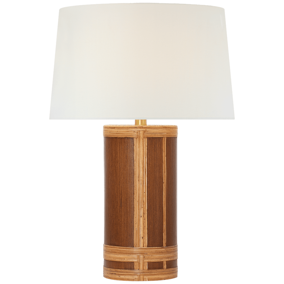 Lignum Medium Table Lamp in Dark Oak and Dark Rattan with Linen Shade