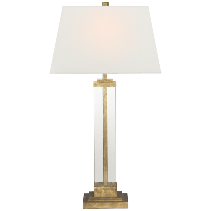 Wright Table Lamp in Gilded Iron and Glass with Linen Shade