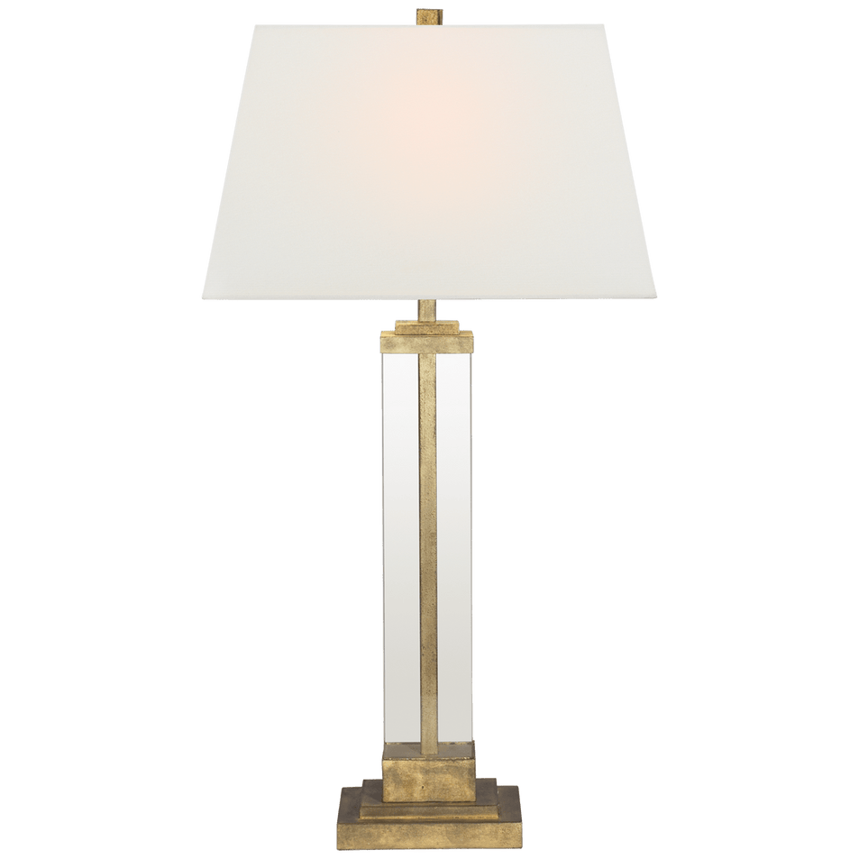 Wright Table Lamp in Gilded Iron and Glass with Linen Shade