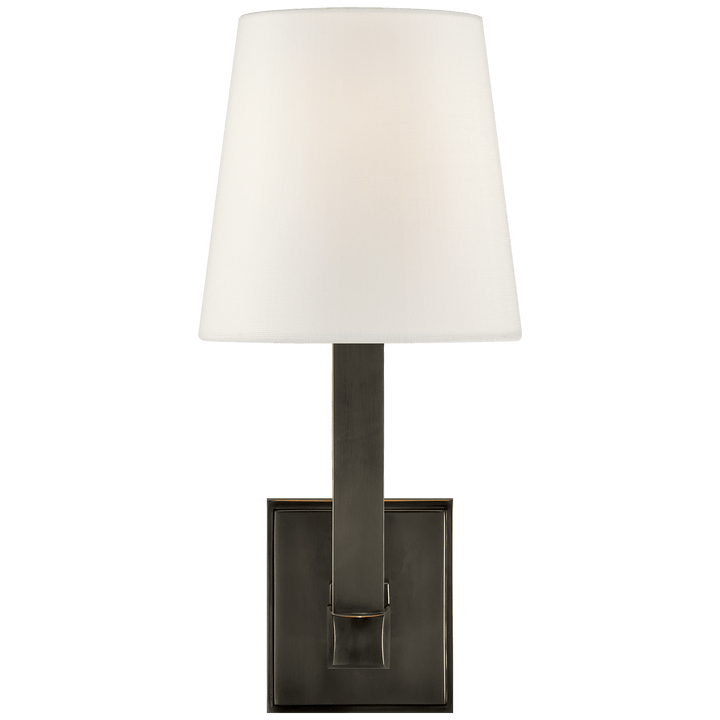 Square Tube Single Sconce in Bronze with Linen Shade