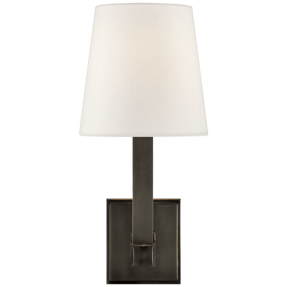 Square Tube Single Sconce in Bronze with Linen Shade