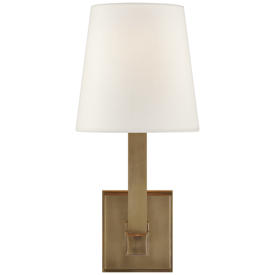 Square Tube Single Sconce in Hand-Rubbed Antique Brass with Linen Shade