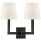 Square Tube Double Sconce in Bronze with Linen Shades