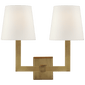 Square Tube Double Sconce in Hand-Rubbed Antique Brass with Linen Shades