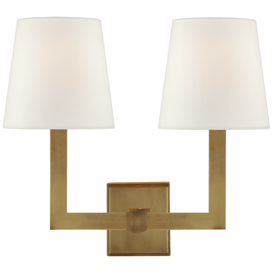 Square Tube Double Sconce in Hand-Rubbed Antique Brass with Linen Shades