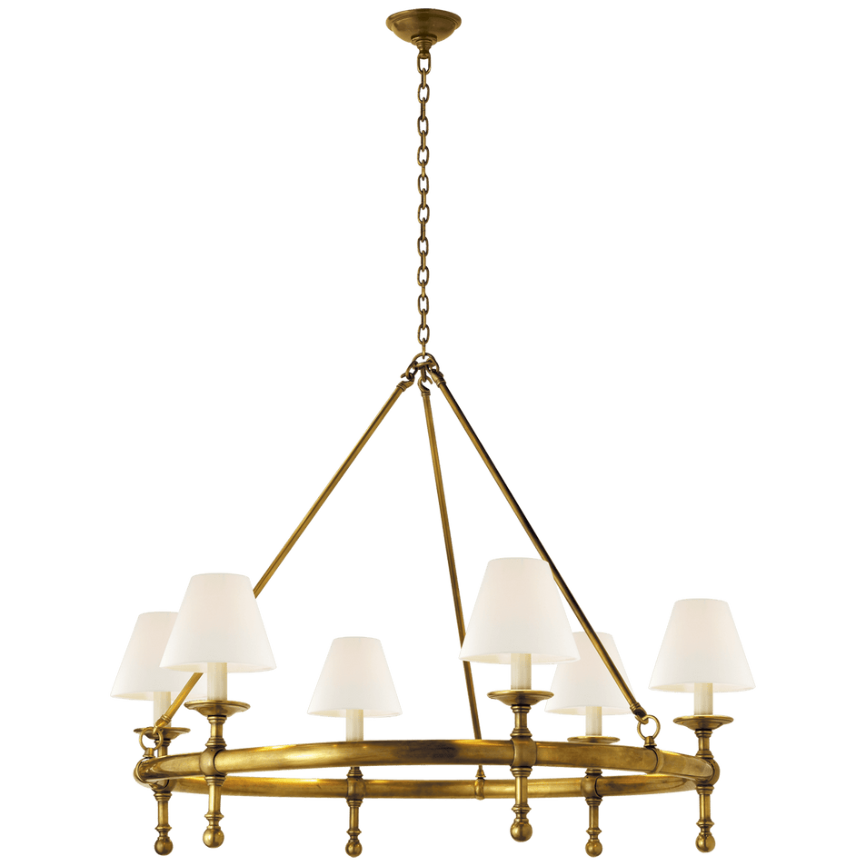 Classic Ring Chandelier in Hand-Rubbed Antique Brass with Linen Shades