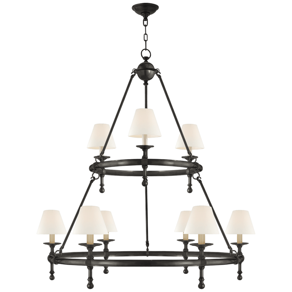 Classic Two-Tier Ring Chandelier in Bronze with Linen Shades