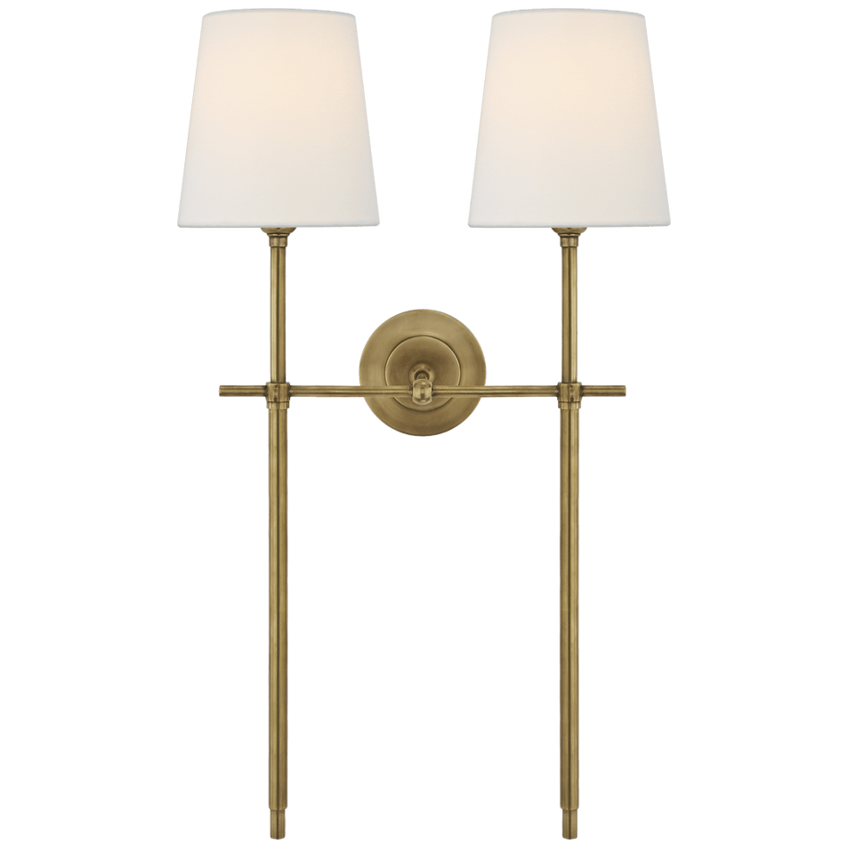 Bryant Large Double Tail Sconce in Hand-Rubbed Antique Brass with Linen Shades