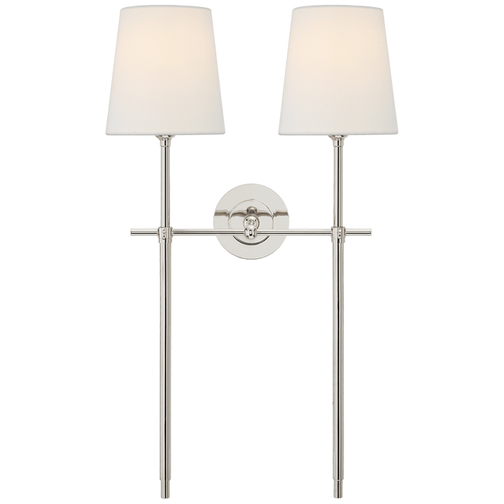 Bryant Large Double Tail Sconce in Polished Nickel with Linen Shades