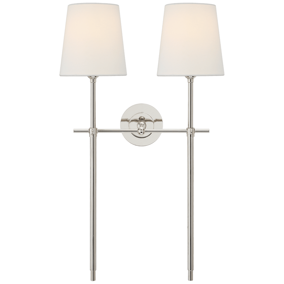 Bryant Large Double Tail Sconce in Polished Nickel with Linen Shades