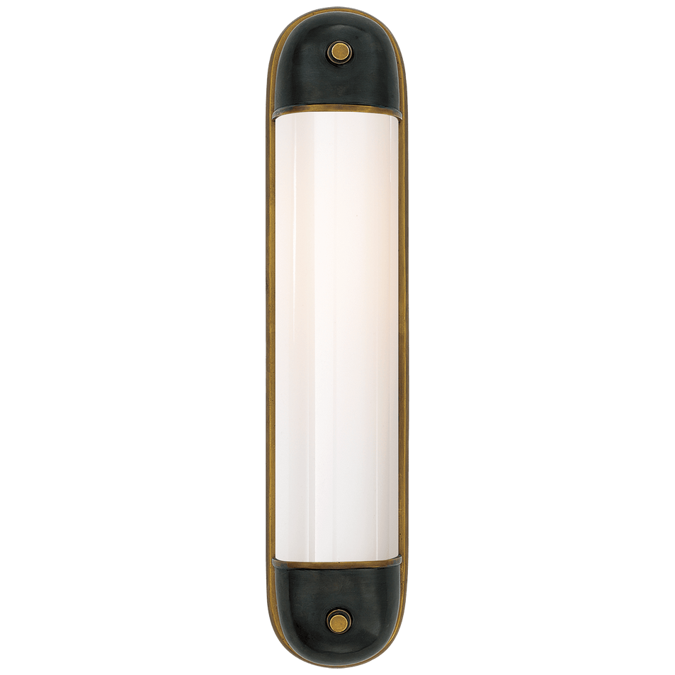 Selecta Long Sconce in Bronze and Hand-Rubbed Antique Brass with White Glass