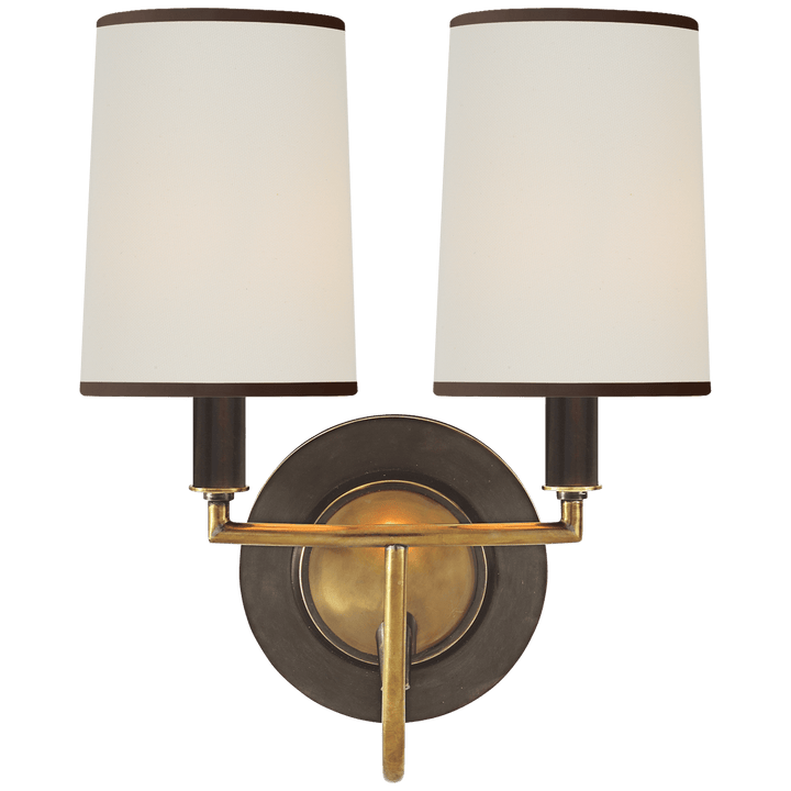 Elkins Double Sconce in Bronze and Hand-Rubbed Antique Brass with Linen Shades with Black Trim
