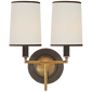 Elkins Double Sconce in Bronze and Hand-Rubbed Antique Brass with Linen Shades with Black Trim