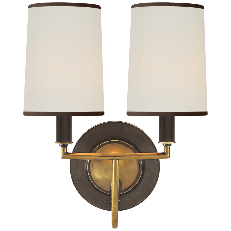 Elkins Double Sconce in Bronze and Hand-Rubbed Antique Brass with Linen Shades with Black Trim