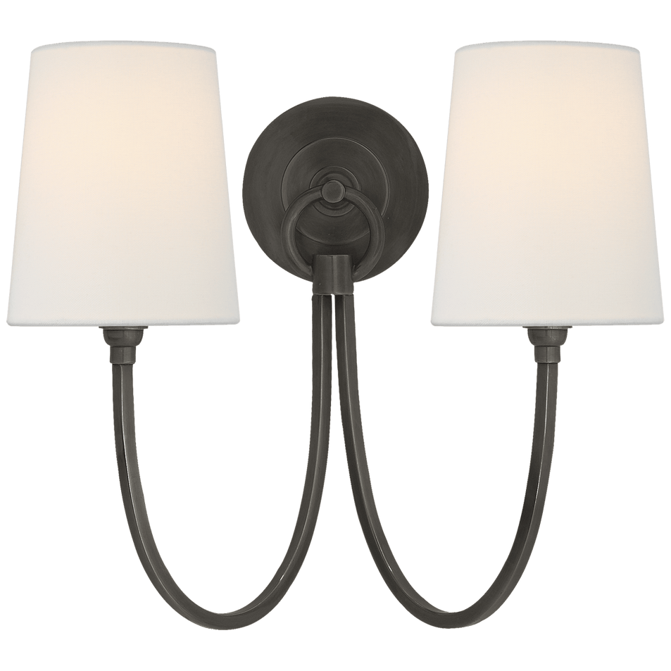Reed Double Sconce in Bronze with Linen Shades