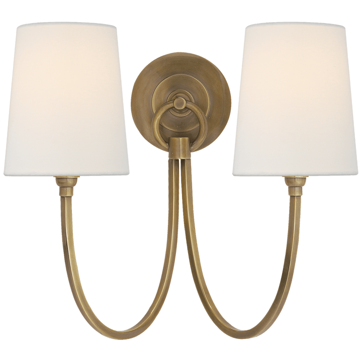 Reed Double Sconce in Hand-Rubbed Antique Brass with Linen Shades