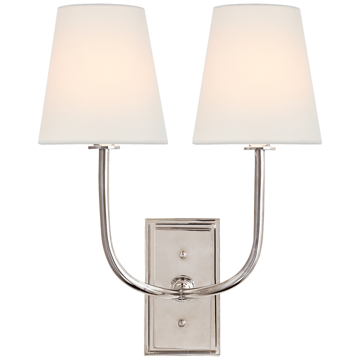Hulton Double Sconce in Polished Nickel with Crystal Backplate with Linen Shades
