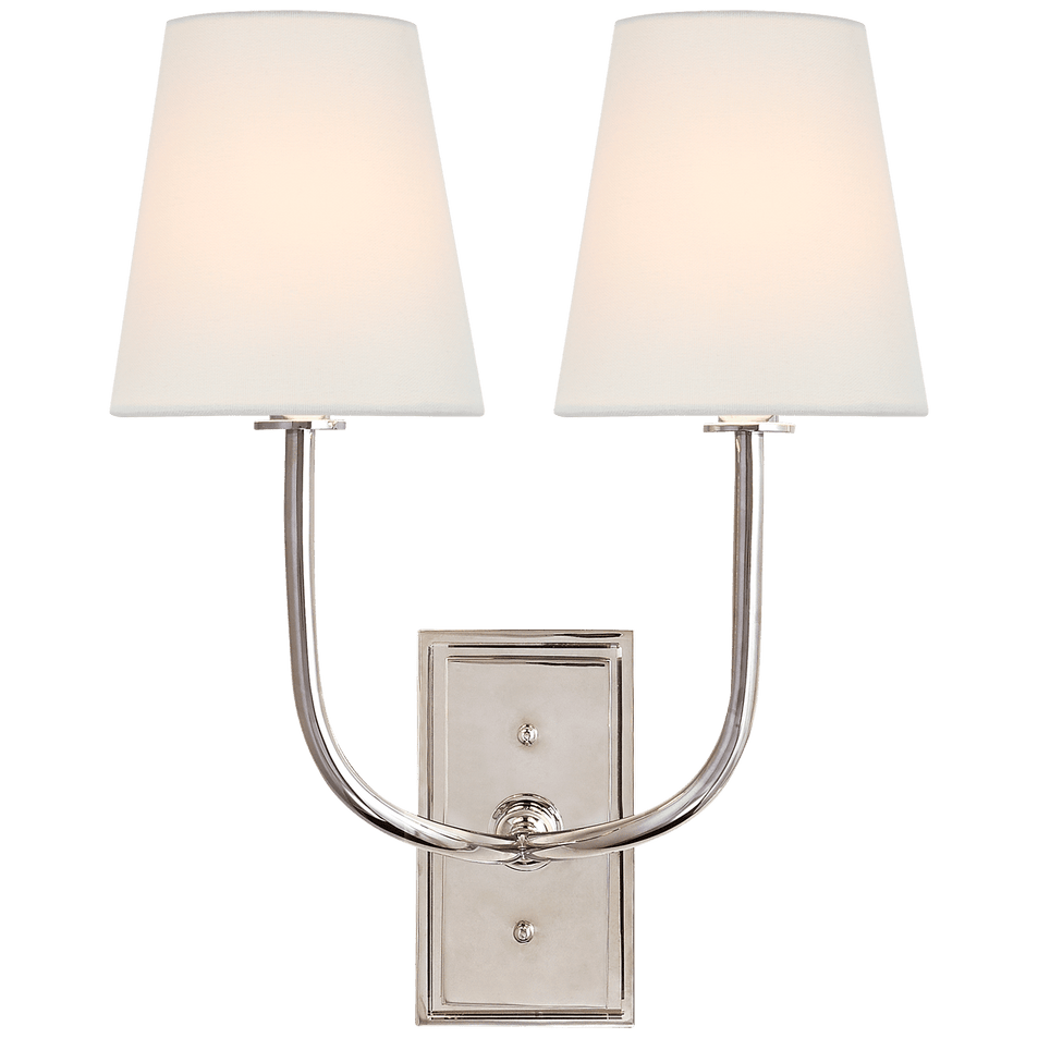 Hulton Double Sconce in Polished Nickel with Crystal Backplate with Linen Shades