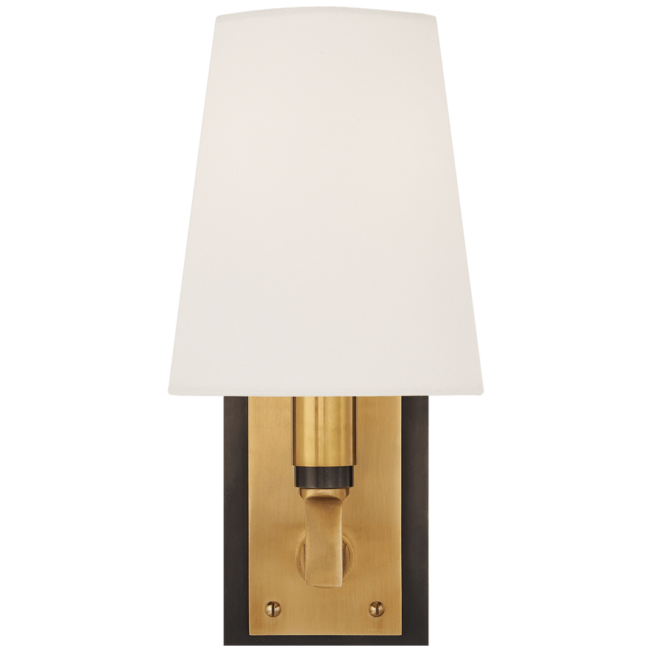 Watson Small Sconce in Bronze and Hand-Rubbed Antique Brass with Linen Shade