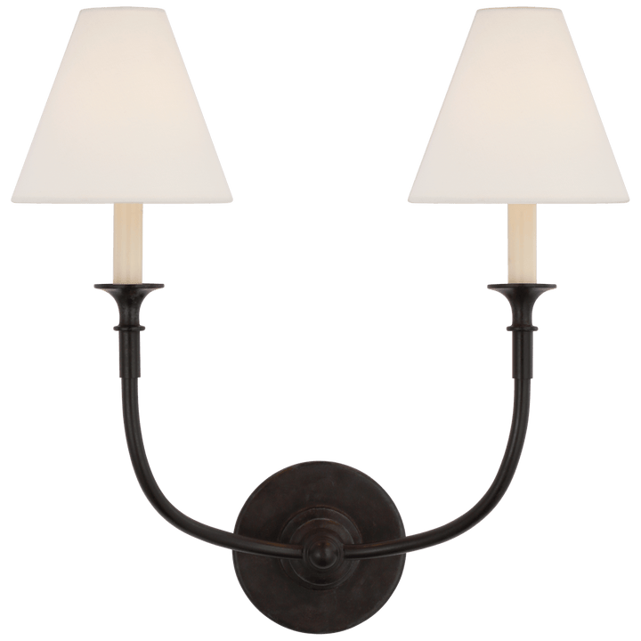 Piaf Double Sconce in Aged Iron with Linen Shades