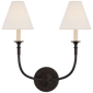 Piaf Double Sconce in Aged Iron with Linen Shades
