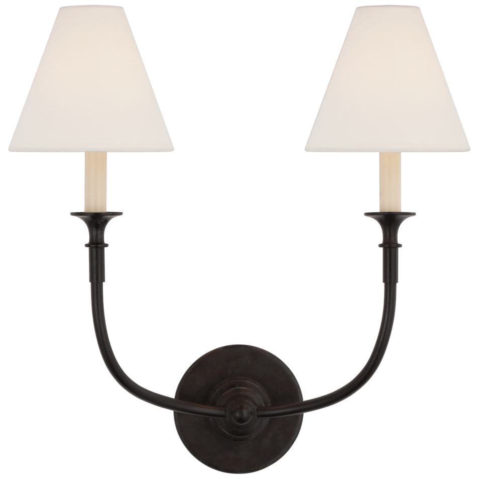 Piaf Double Sconce in Aged Iron with Linen Shades