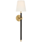Bryant Large Wrapped Tail Sconce in Hand-Rubbed Antique Brass and Chocolate Leather with Linen Shade