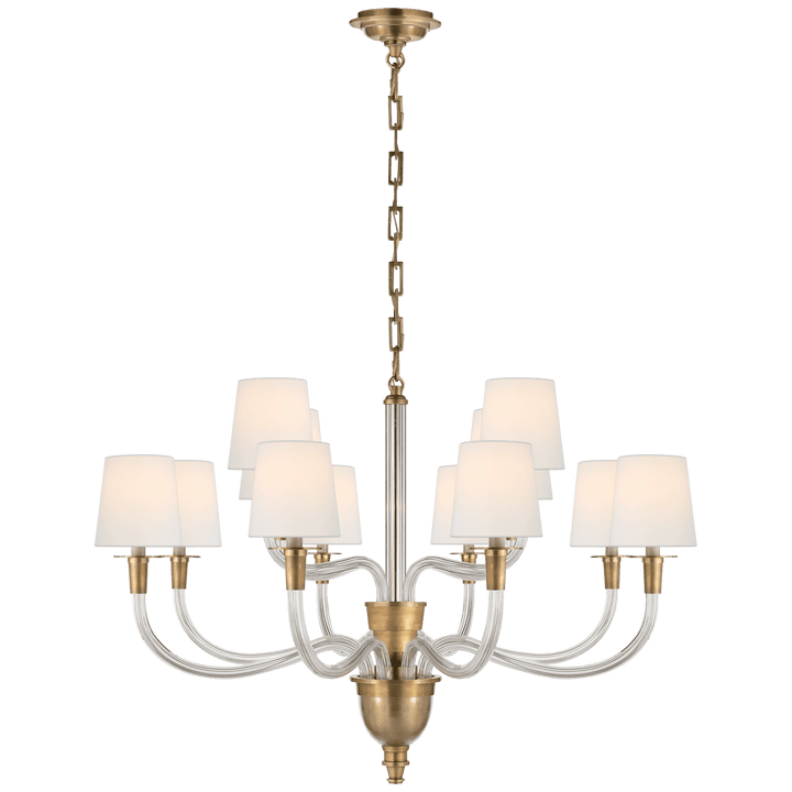 Vivian Large Two-Tier Chandelier in Hand-Rubbed Antique Brass with Linen Shades
