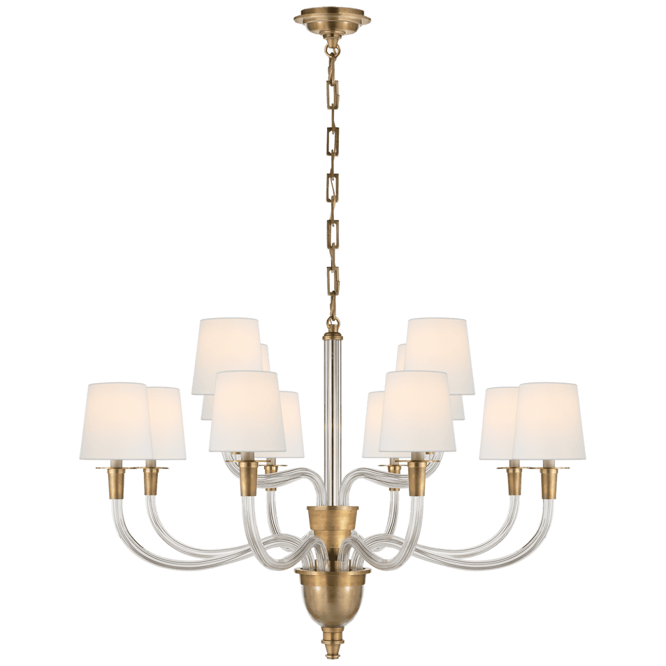 Vivian Large Two-Tier Chandelier in Hand-Rubbed Antique Brass with Linen Shades