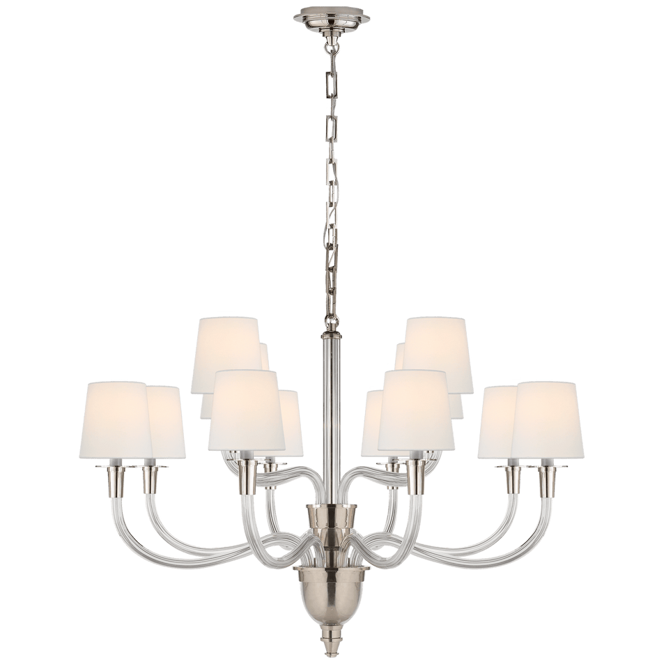 Vivian Large Two-Tier Chandelier in Polished Nickel with Linen Shades