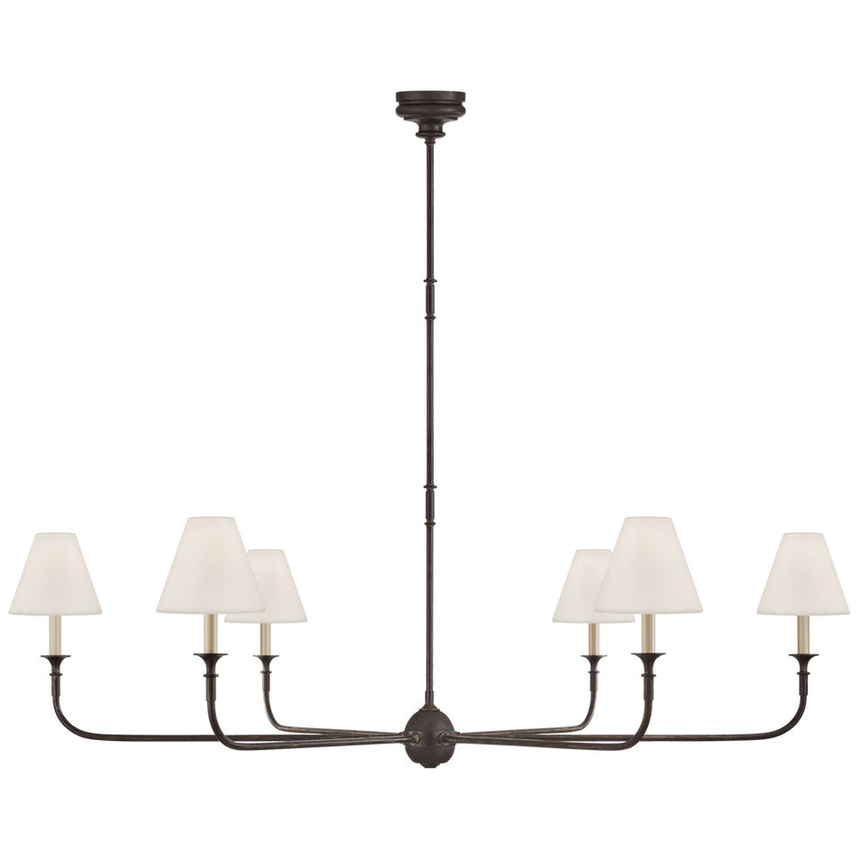 Piaf Grande Chandelier in Aged Iron and Ebonized Oak with Linen Shades