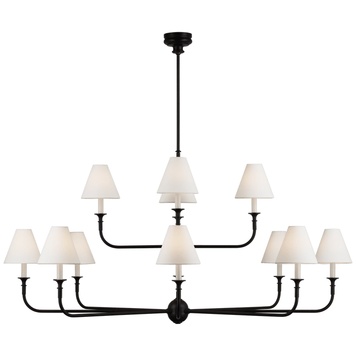 Piaf Grande Two-Tier Chandelier in Aged Iron and Ebonized Oak with Linen Shades