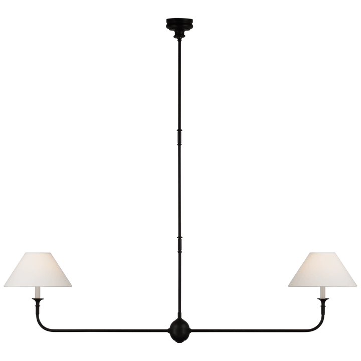 Piaf Large Two Light Linear Pendant in Aged Iron and Ebonized Oak with Linen Shades