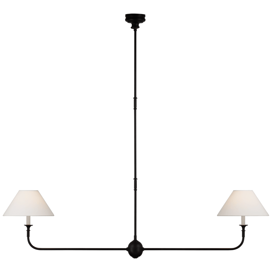 Piaf Large Two Light Linear Pendant in Aged Iron and Ebonized Oak with Linen Shades