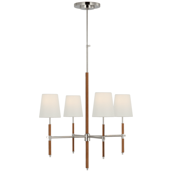 Bryant Small Wrapped Chandelier in Polished Nickel and Natural Leather with Linen Shades