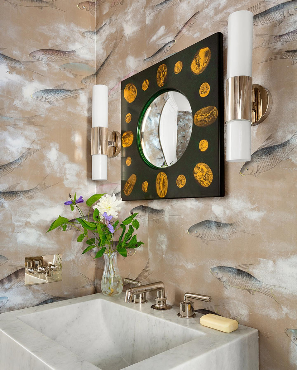 Penz Medium Cylindrical Sconce, a premium Bath light by Visual Comfort & Co. Close - up image of its design.