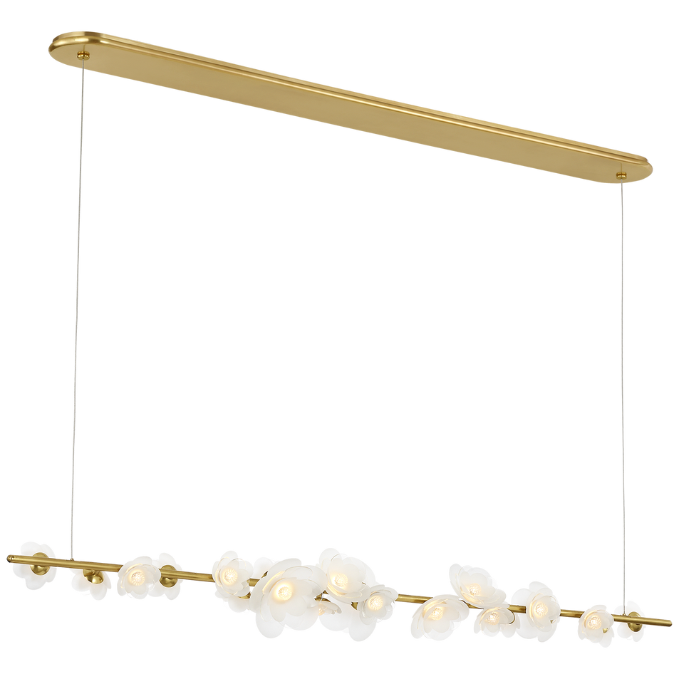 Petaluma 63" Linear Chandelier in Soft Lacquered Brass with Etched and Clear Glass Flowers
